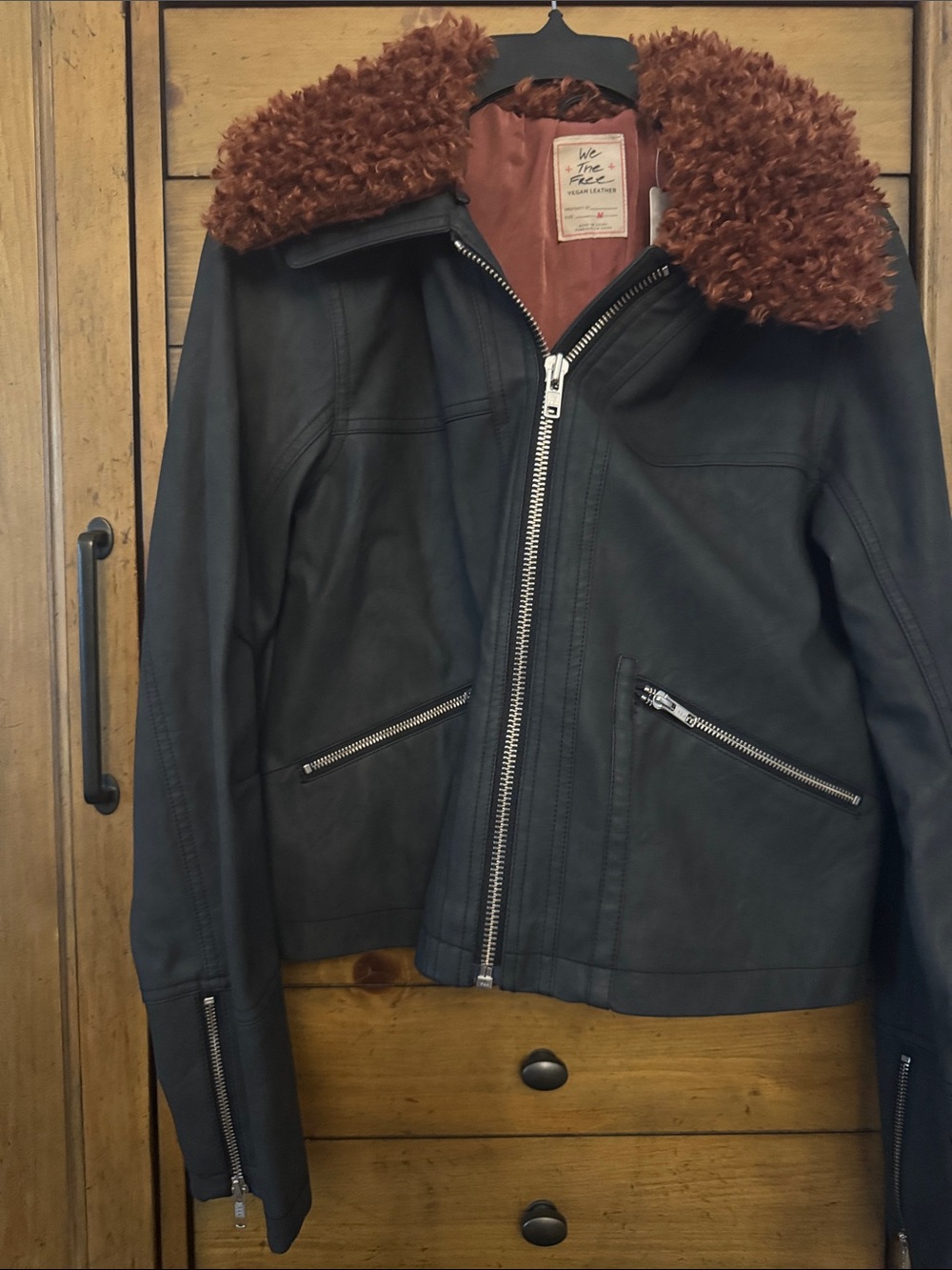 Black Vegan Leather Jacket with Brown Faux Fur Collar